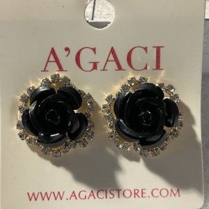 A'GACI Black Rose And Rhinestone Earrings Gothic Formal